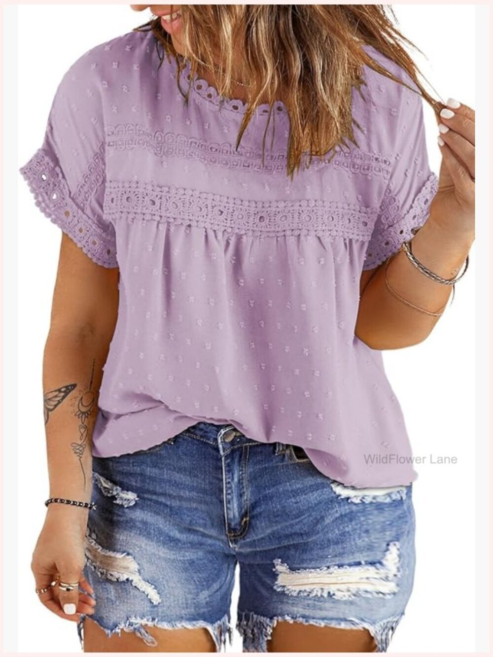 Plus Size Lace Crochet Short Sleeve Crewneck Tee Blouse Summer Top